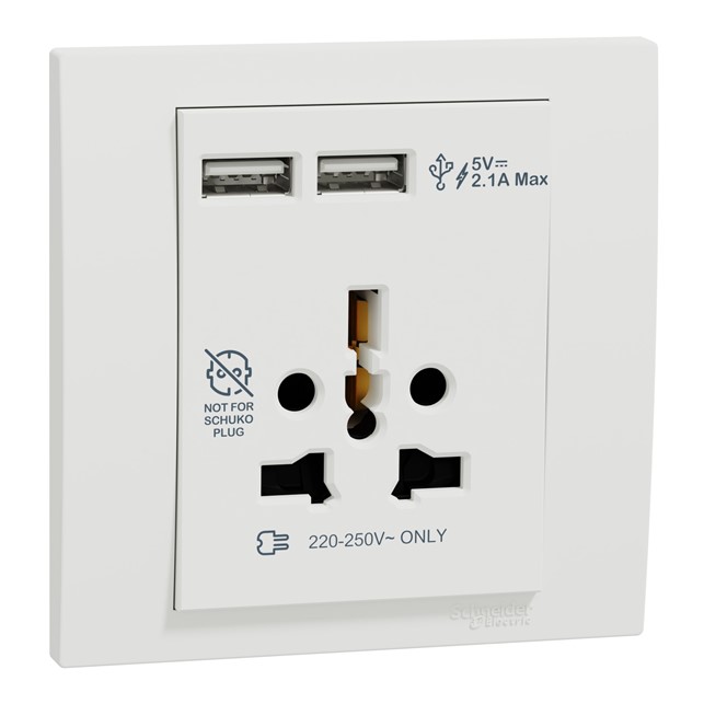 KB42616USB_WE Stop Kontak Schneider Vivace USB charger+socket-outlet, Vivace, 16A, white - Gambar 1